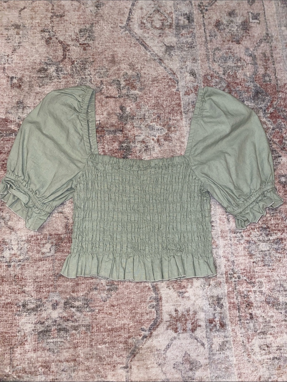 Smocked Puff Sleeve Crop Top - Sage Green